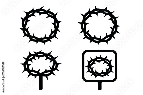 Crown of thorns vector icon set. Religious symbol of Christianity, Jesus Christ's passion and crucifixion. Black silhouette illustration for Easter. Faith, suffering, sacrifice.