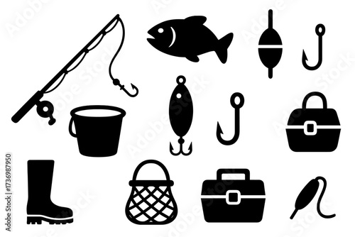 Fishing icon set with equipment silhouettes. Vector illustration of fishing gear. Angling items like rod, fish, hook, lure, boot, bucket, net, float, and tackle box.