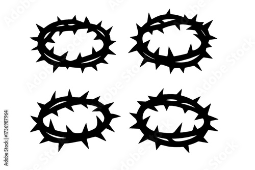 Vector set of four black crown of thorns icons. Silhouette graphic illustrating the crucifixion of Jesus Christ. Religious symbol of suffering, sacrifice, and passion. Easter.
