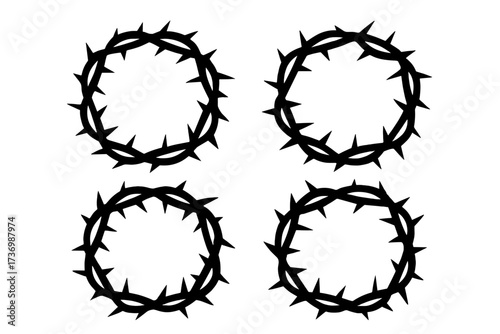Crown of thorns vector icon set. Christian symbol of Jesus Christ's crucifixion and passion. Religious sign for Easter. Suffering, sacrifice, salvation and faith concept.