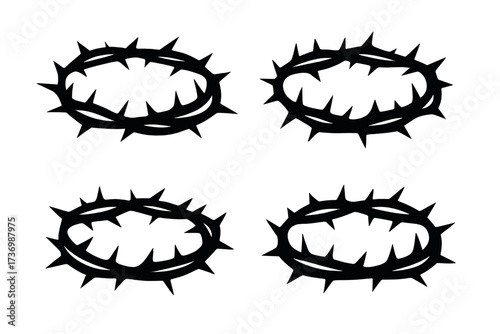 Crown of thorns vector icon set. Black silhouette christian symbol of crucifixion of Jesus Christ. Religious sign for Easter passion. Holy week sacrifice, suffering and faith.