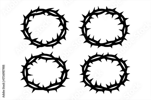 Crown of thorns silhouette vector set. Christian symbol of the passion of Jesus Christ, crucifixion, and suffering. Religious illustration for Easter, Lent, and Good Friday.