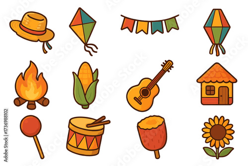 Festa Junina vector icon set. Brazilian June festival cartoon collection. Traditional celebration graphics with bonfire, corn, guitar, straw hat, lantern, and festive food.