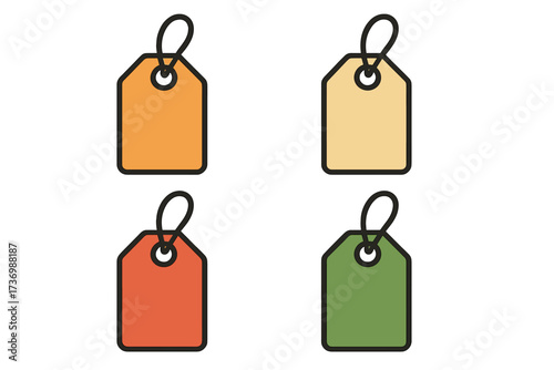 Set of colorful price tags. Blank labels collection for sale, discount or gift. Vector tag icon with string. Empty sticker for retail, shopping, promotion or merchandise. Flat design template.