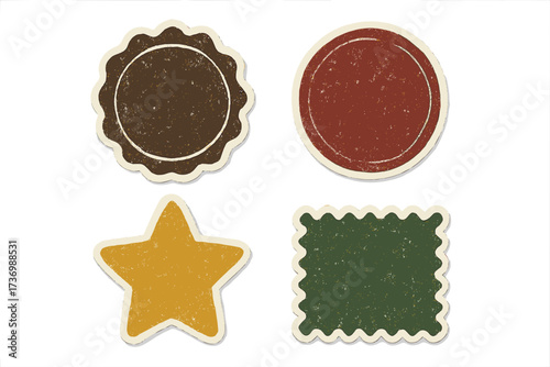 Vector set of grunge badges and retro stickers. Distressed textured labels and blank icons. Vintage design elements collection: star, circle, stamp shapes. Empty template.