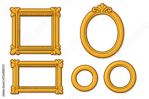 Golden frame set in ornate baroque style. Luxury gold picture frame collection. Vintage decorative border design with square, oval, and circle shapes. Vector illustration.