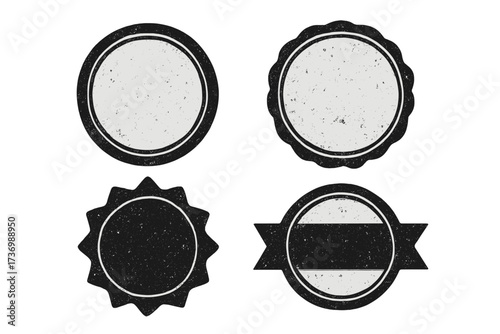 Collection of grunge badges and labels. Set of retro distressed stamps and frames. Vintage blank seal, starburst, and ribbon insignia for logo, sale, or quality guarantee.
