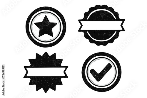 Grunge stamp seal badge set. Retro rubber texture labels. Vector quality guarantee, approved checkmark and premium star icon. Vintage distress certificate insignia collection.