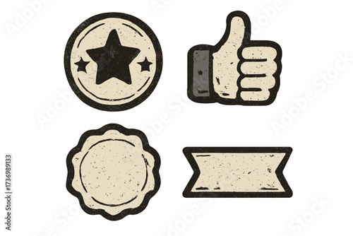 Set of grunge stickers and retro badges. Vintage stamp collection including thumbs up like icon, star award seal and blank ribbon. Quality guarantee label vector illustration.