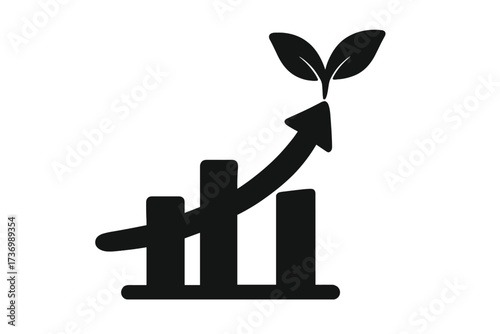 Business growth chart icon. Financial success and profit concept. Investment increase symbol. Upward arrow with plant leaves representing sustainable development and eco-friendly economy.