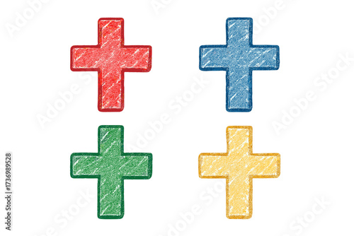 Set of colorful Christian crosses. Hand-drawn crayon sketch illustration. Religious faith symbol for Easter, church, Bible study. Vector icon pack isolated on white.