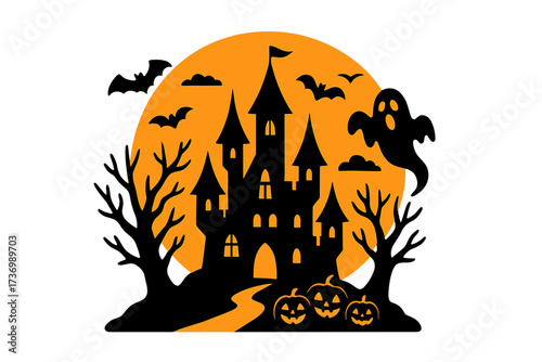 Halloween scary haunted castle silhouette. Spooky night landscape with ghost, bats, and pumpkins. Horror gothic fantasy mansion on orange moon background. Vector for poster.