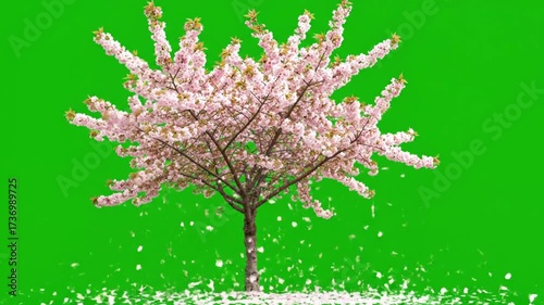 Cherry Blossom Tree with Falling Petals On Greenscreen