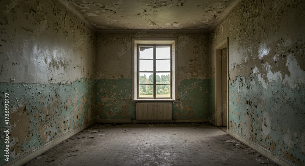 Obraz premium Dilapidated interior room showcases peeling paint and decaying walls under natural light.