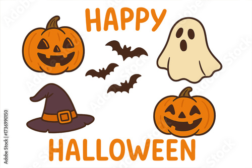 Happy Halloween vector icon set. Cute cartoon collection for festive decoration. Spooky Jack-o'-lantern pumpkin, ghost, bat, and witch hat illustrations for holiday design.