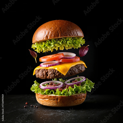 Delicious cheeseburger with flying ingredients on a black background