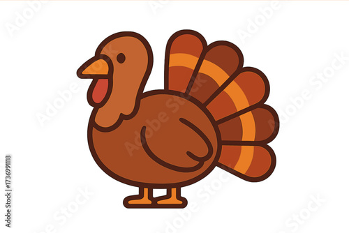 Cute cartoon turkey character. Thanksgiving holiday symbol. Vector illustration for autumn celebration. Farm bird icon in flat design style. Isolated graphic for fall festival.