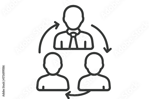 Leadership and teamwork icon. Manager leads employee team. Business management and workflow. Corporate hierarchy. Mentorship, cooperation and communication symbol. Vector.