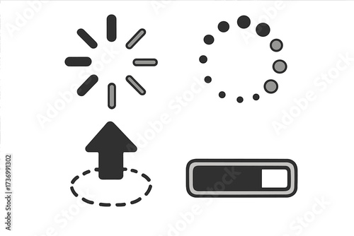 Vector set of loading icons and progress bar elements. Collection includes circular spinner, round buffer loader, upload arrow symbol for web and application user interface.