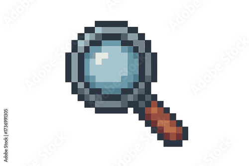 Pixel art magnifying glass icon. Search, find, and zoom symbol for retro 8-bit video games. Vector graphic for investigation, discovery, analysis, and research concepts.