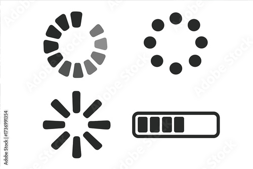 Loading icons set vector collection. Progress bar indicator spinner wheel buffering symbols. UI UX interface elements download upload waiting animation. Web app loading screens isolated transparent