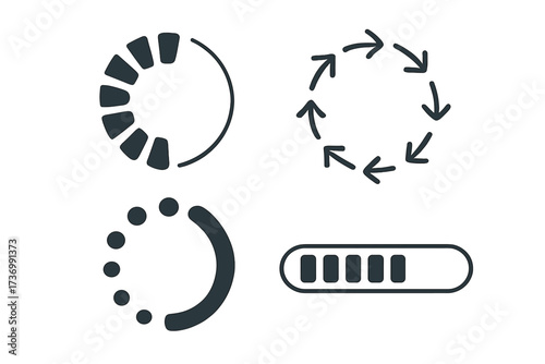 Loading icon vector set with progress bar and circle loader. UI and UX graphic elements for web and app interface design. Download, upload, wait, and buffer spinner symbols.