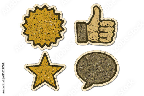Set of grunge sticker icons. Thumbs up for likes, star for favorites, speech bubble for comments, and a badge for awards. Retro paper texture. Vector cartoon collection.