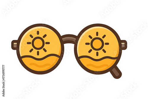 Sunglasses icon reflecting a sunny beach landscape. Summer vacation concept. Holiday and travel symbol. Vector cartoon illustration of eyewear with a sun and sand reflection.