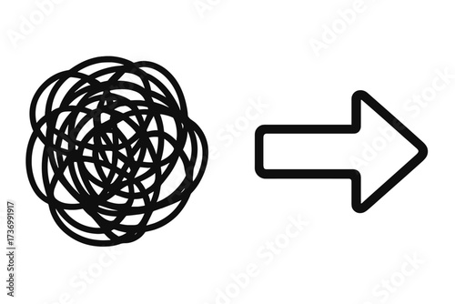 Chaos and order. From complex to simple. Problem solving and finding solutions. Untangling a tangled knot. Simplify confusion. Metaphor for business development process