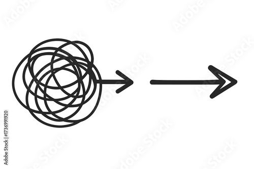 Chaos to order concept. Tangled and untangled path metaphor. Messy scribble to a straight arrow. Problem solving, simplification process, business strategy and solution finding.
