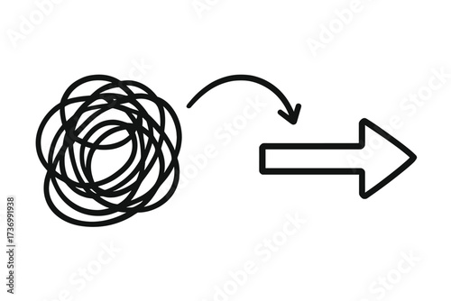 Concept of simplification, order from chaos. Tangled scribble becomes a straight line. Problem solving, business process, strategy and solution. From confusion to clarity.