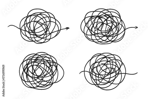 Metaphor for chaos and order. Tangled and untangled scribble. Concept for problem solving, confusion, messy mind, depression, and finding a solution. Hand drawn doodle set.