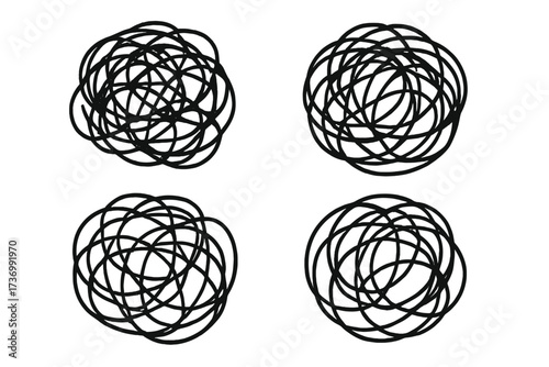Set of tangled scribble circles. Hand drawn doodle sketch. Chaos, confusion, complexity concept. Messy anxiety, stress, and problem solving metaphor. Isolated vector line art.