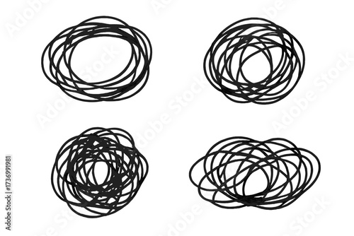 Set of tangled and untangled scribbles. Chaos and order metaphor. Confused mind, anxiety, stress. Problem solving concept. Psychology mental health. Doodle line illustration.
