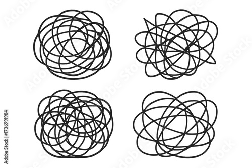Tangled scribble set. Hand-drawn chaos lines. Concept for confusion, messy thoughts, anxiety, stress, mental disorder. Abstract vector illustration for psychology, problem solving.