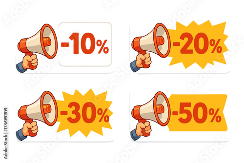 Megaphone announcement vector set. Hand holding loudspeaker for promotion, sale, and discount banners. Special offer stickers with 10, 20, 30, 50 percent price reduction.