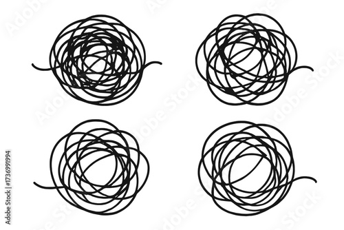 Chaos and order theory. Tangled and untangled scribble line. Complex problem solving concept. Metaphor for confusion, anxiety, stress, therapy, psychology, mental health.