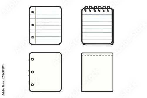 Vector icon set of notebook paper styles. Lined, blank, and spiral notepad pages. Loose leaf and tear-off paper cartoon illustrations for education and business. Isolated on white.