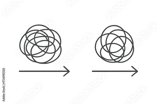 Chaos to order, complex to simple. Confusion clarity concept. Problem solving. Untangle messy scribble. Psychotherapy, coaching process. Mental health, stress control metaphor.