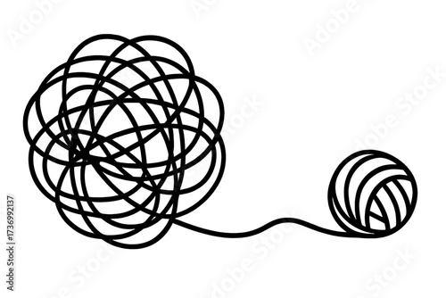 Tangled and untangled thread. Chaos and order concept. Metaphor for problem solving, anxiety, stress, confusion. Psychology, psychotherapy concept. Unraveling tangled knot.