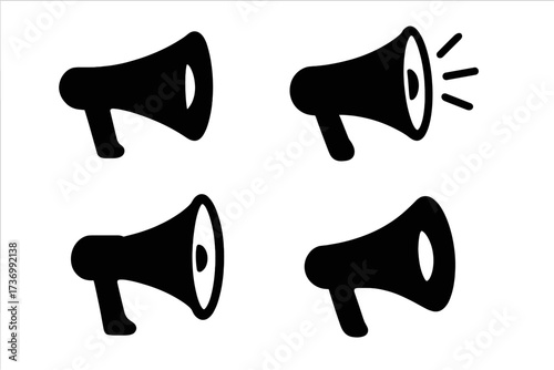 Megaphone vector icon set. Loudspeaker silhouette illustration for announcement, communication, alert, and marketing. Bullhorn symbol for promotion, news, and protest.