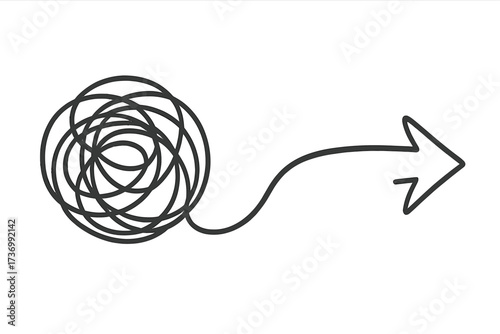 Chaos to order concept. Tangled scribble untangling to a straight arrow. Metaphor for problem-solving, finding a solution, clarity, and business strategy development.