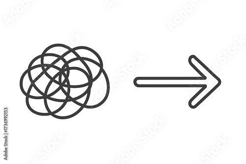 Chaos to order, messy to organized. Concept of simplification, problem solving. From complex to simple. Confusion and clarity. Tangled line becomes straight arrow. Process