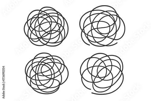Hand drawn tangled scribble set. Vector illustration symbolizing confusion, chaos, messy thoughts, and anxiety. Concept for complex problems, brainstorming, and mental stress.
