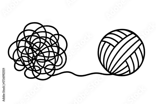 Chaos and order metaphor. Tangled messy line to orderly ball. From complexity to simplicity. Concept of problem solving, psychotherapy, business process simplification, clarity.