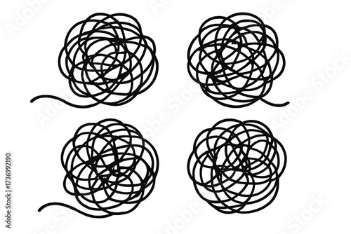 Messy clew metaphor for chaos and order. Tangled and untangled scribble. Concept of problem and solution, confusion, anxiety, stress. Abstract thinking process.