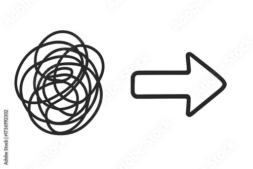 Chaos and order concept. From complex to simple path. Untangling chaos, problem solving. Confusion to clarity. Tangled scribble to arrow. Process of simplification. Way to solve.