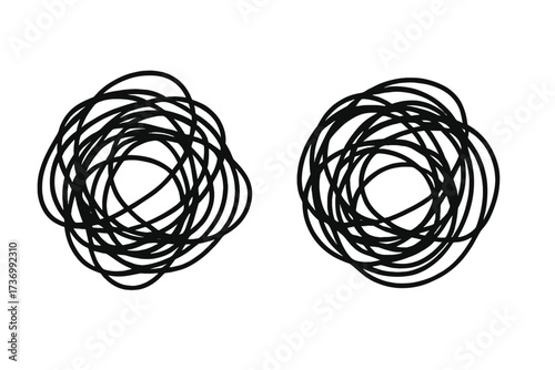 Confused messy mind, tangled and untangled chaos. Problem and solution concept. Metaphor for stress, anxiety, depression, psychotherapy. Complex process way, difficult path.