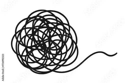 Tangled line icon, metaphor for chaos, confusion, and complexity. Abstract concept of a difficult problem, stress, or anxiety. Unraveling messy scribble, mental health symbol.