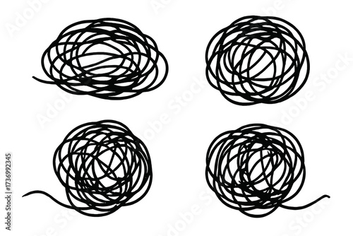 Tangled and untangled scribble clew metaphor. Chaos and order concept. Mental health, stress, anxiety. Problem solving, psychology icon. Complicated to simple path.